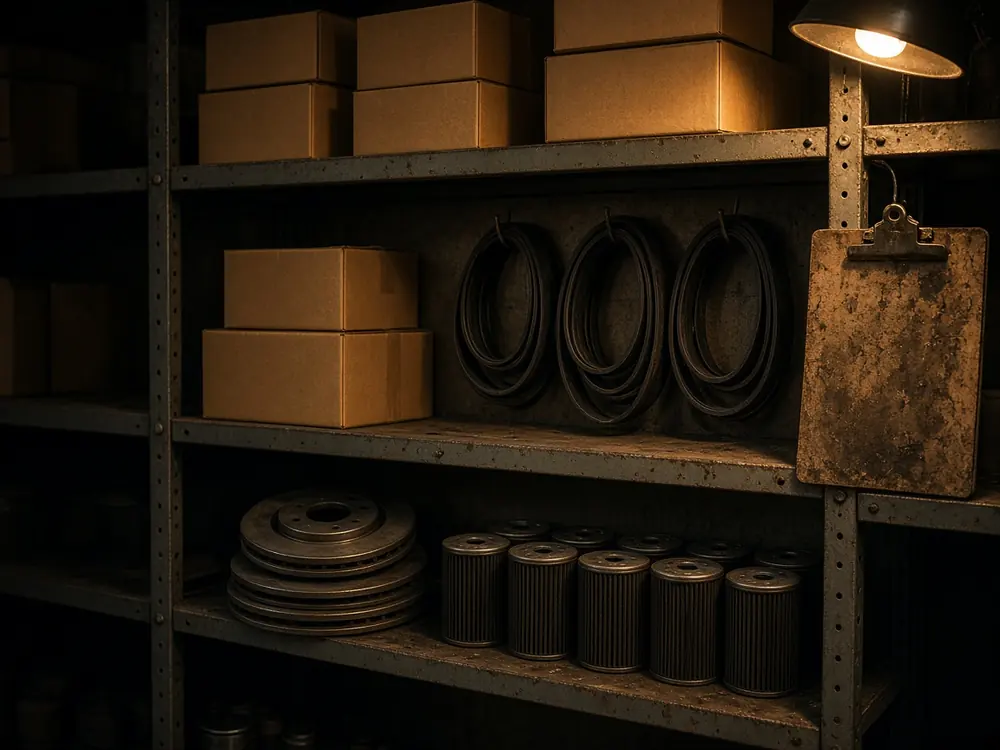 Estantería de repuestos en la bodega del taller