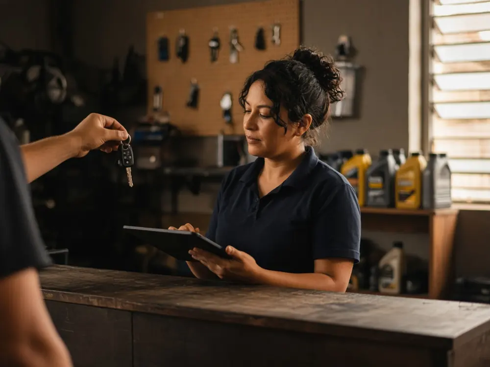 Recepcionista de taller con una tablet recibiendo las llaves de un cliente